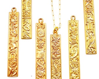 Super unique vertical zodiac charms, detailed totem pole style pendant, horoscope signs, brass astrological necklaces, rare zodiac jewelry