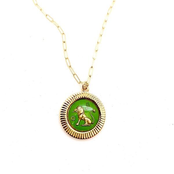 Vintage leo necklace, glass leo lion zodiac sign necklace, 14 karat gold filled paperclip chain, astrological sign pendant, star sign, boho