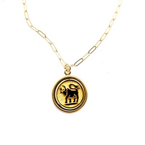 Amazing rare vintage glass and gold taurus bull charm necklace, 14k gold filled paperclip chain, Made in Germany,  boho  taurus charm