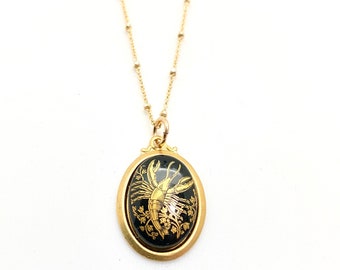 Vintage Cancer Zodiac Charm Necklace, 1970s Gold Filled Satellite Chain