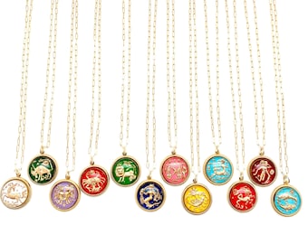 Vintage 1970s Zodiac Necklace, Glass Horoscope Charm, Gold Filled Chain