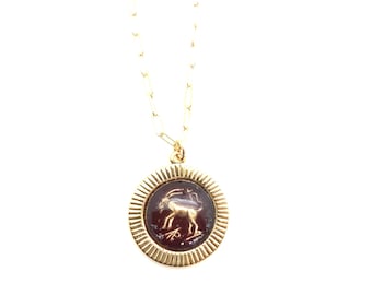 Vintage Glass Capricorn Necklace, 14k Gold Filled Paperclip Chain