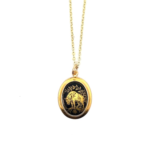 Rare Vintage Taurus small black & gold zodiac charm necklace, made in Germany 1970s, Rare vintage deadstock, unique vintage horoscope gift