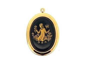 Rare Vintage Large black & gold Virgo zodiac charm necklace, Made in Germany in the 1970's, unique vintage horoscope gift, deadstock zodiac