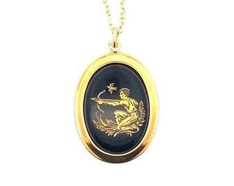 Rare Vintage Large black & gold Sagittarius zodiac charm necklace, Made in Germany 1970's, unique vintage horoscope gift, deadstock zodiac