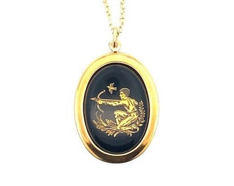 Vintage Sagittarius Zodiac Charm Necklace, Black & Gold, 1970s German Made