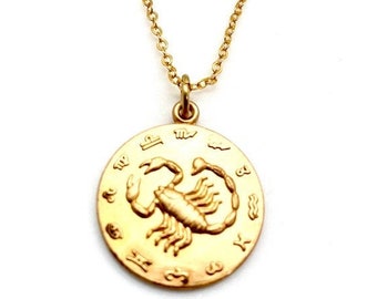 Vintage Embossed Brass Scorpio Necklace, Zodiac Charm Pendant