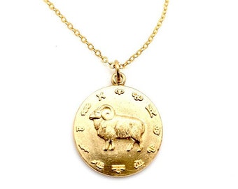 Large vintage rare Aries embossed pendant, Vintage Aries necklace, Vintage zodiac brass charm, Aries unisex necklace, Boho Aries necklace