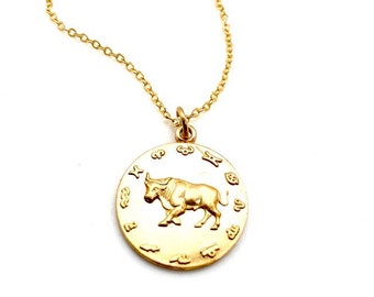 Large vintage rare Taurus embossed pendant, Vintage Taurus necklace, Vintage zodiac brass charm, Taurus unisex charm, Boho Taurus necklace