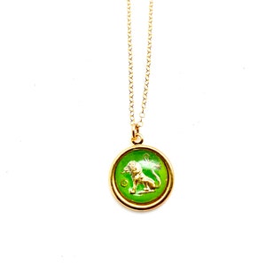 vintage leo zodiac charm necklace, small rare super cute green gold leo lion pendant, 14k gold filled chain, boho horoscope paperclip chain