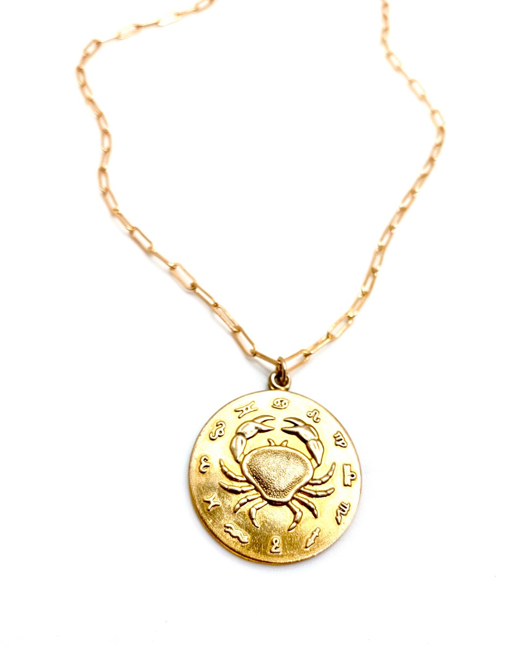 Large Vintage Cancer Zodiac Charm Necklace on 14 Karat Gold Rectangular ...
