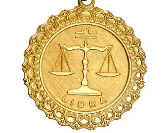 Vintage Libra Zodiac Necklace, Boho Gold Sign Medallion