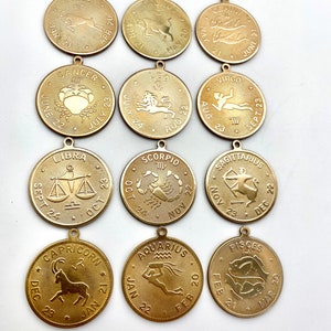 Vintage Brass Zodiac Medallion Necklace, Horoscope Astrology Charm image 2
