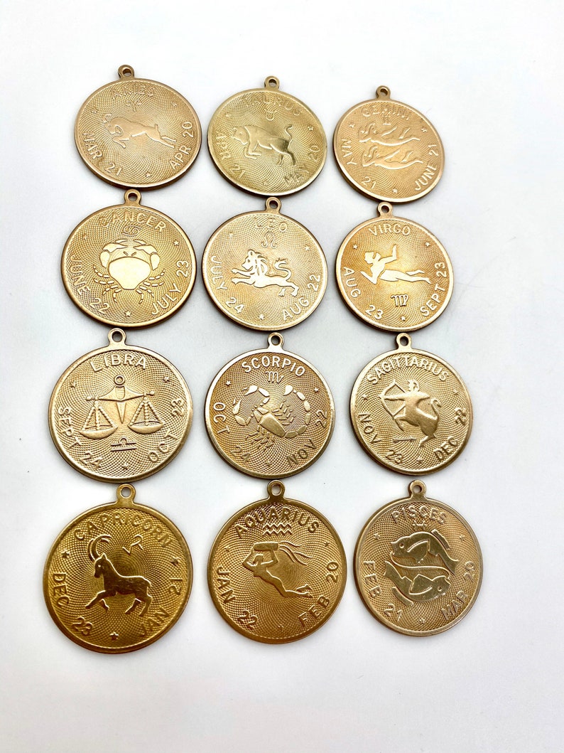 large vintage rare zodiac necklace, coin,medallion pendant, all 12 astrological signs, birthday gift zodiac, boho jewelry, horoscope, gold image 2