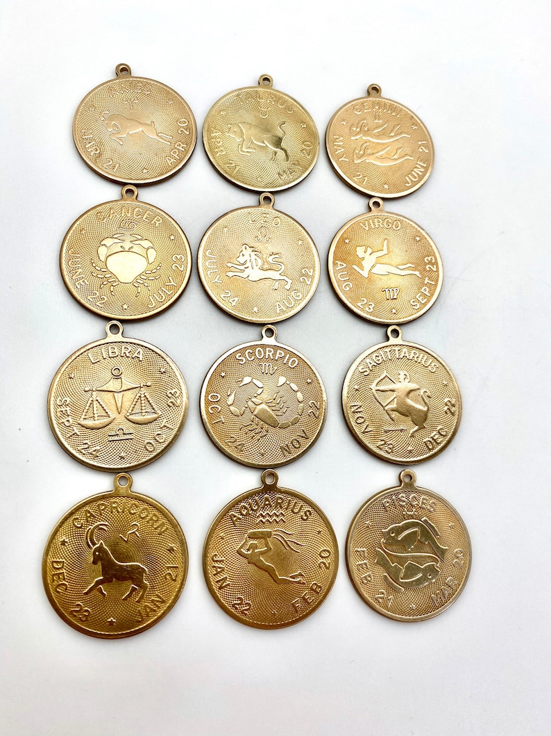 Vintage Brass Zodiac Medallion Necklace, Horoscope Astrology Charm image 2