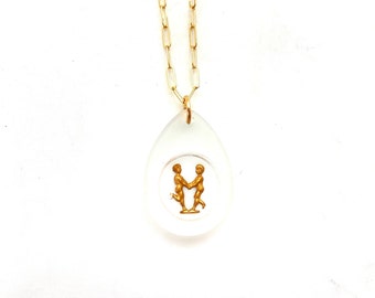 Gorgeous vintage Gemini glass zodiac rare pendant on gold chain, amazing rare unique horoscope 1960s charm necklace