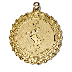 Large vintage zodiac sign disc necklace, cool boho Capricorn horoscope sign charm, Capricorn astrological medallion necklace, brass disc