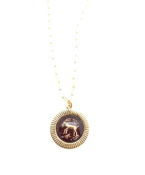 Vintage Capricorn necklace, glass Capricorn zodia… - image 1