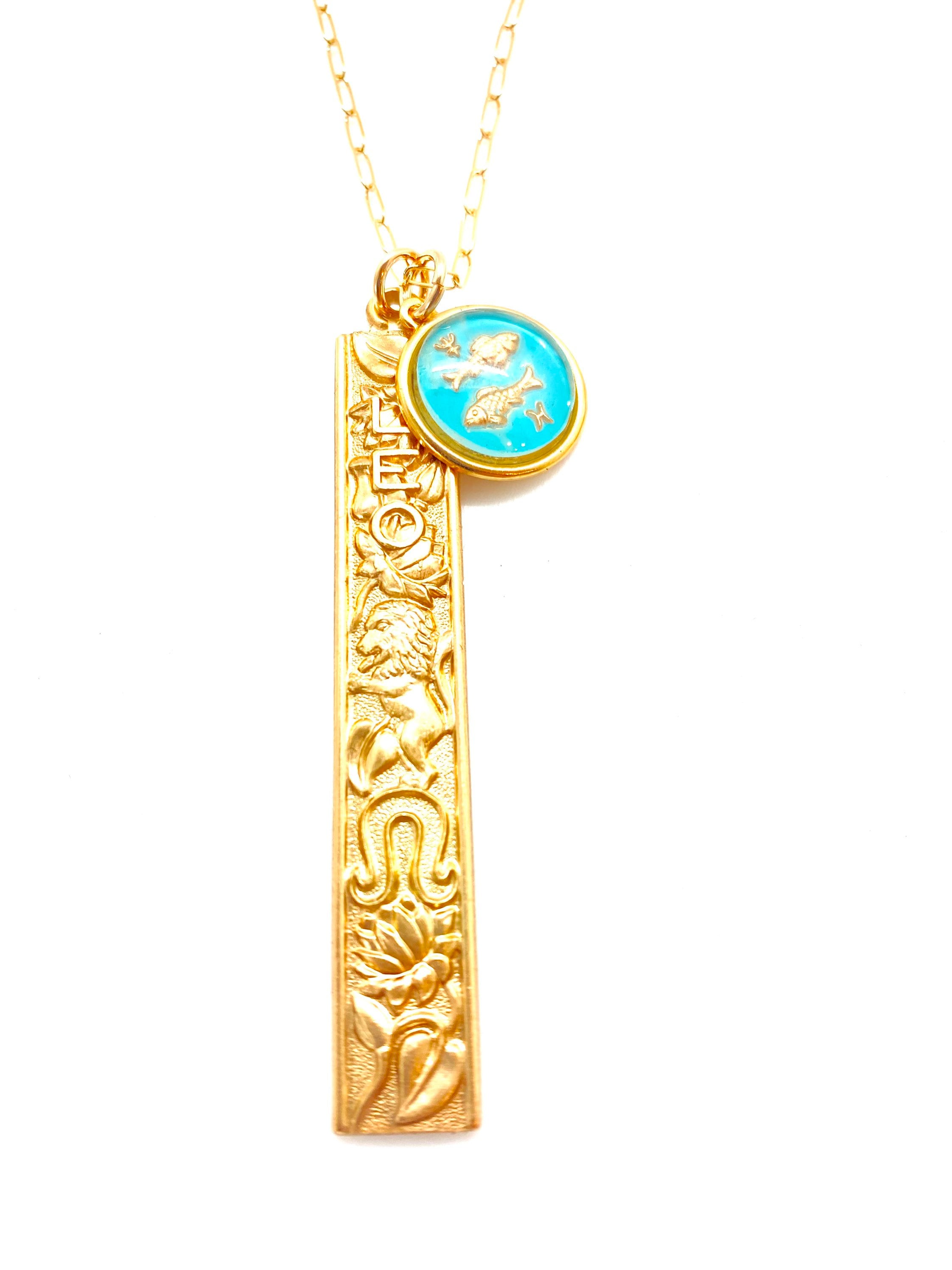Choose any 2 zodiac signs, super unique vertical zodiac charms,  pair with small colored vintage horoscope charm and chain.