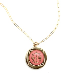 Naszyjnik vintage Libra, szklany naszyjnik boho ze znakiem zodiaku Libra, łańcuszek spinacza do papieru wypełniony 14-karatowym złotem, wisiorek ze znakiem zodiaku, znak zodiaku