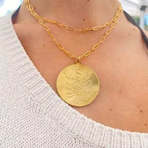 large vintage brass zodiac sign pendant,unique gold astrological medallion, large coin horoscope sign necklace, brass astrological charm