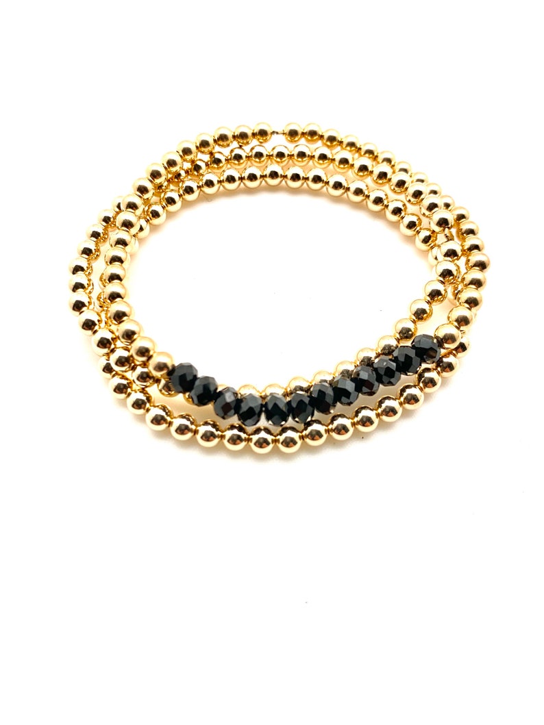 three 14 karat gold filled ball bracelet black stone bracelet stretch beads with gold and faceted spinel 4mm balls 14k gold ball trio