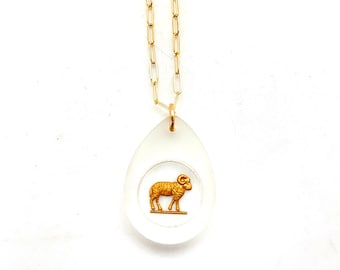 Vintage Aries Glass Zodiac Pendant Necklace, Gold Filled Chain