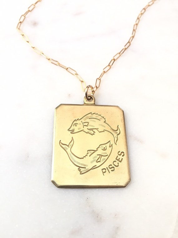 Vintage pisces necklace, amazing square brass zodi