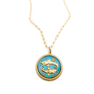 vintage pisces charm boho horoscope glass pisces   gold pisces medallion  zodiac necklace 1970&#39;s pisces charm vintage fish 2/19-3/20