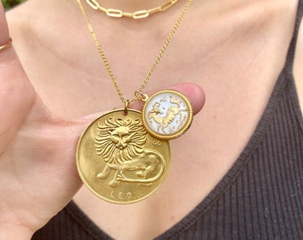 vintage rare zodiac charm necklace, large brass coin horoscope pendant, glass zodiac sign charm, boho vintage charms on gold chain