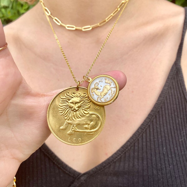 vintage rare zodiac charm necklace, large brass coin horoscope pendant, glass zodiac sign charm, boho vintage charms on gold chain