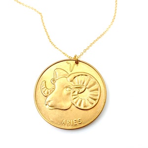 large vintage aries pendant, aries birthday gift, gold horoscope sign ,astrological, vintage boho coin, zodiac jewelry, 1970 aries ram charm
