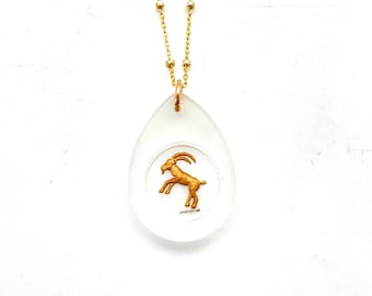 Vintage Capricorn Glass Pendant Necklace, 14k Gold Filled Chain, Zodiac Charm