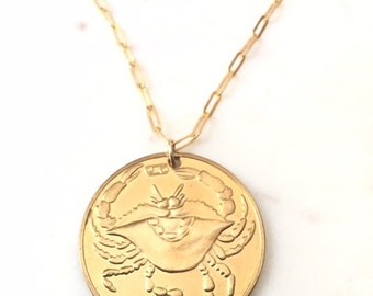 Amazing large vintage brass Cancer crab necklace  large vintage coin medallion vintage cancer necklace boho cancer necklace for guy or gal