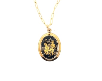 Rare vintage Gemini small black & gold charm necklace, from 1970's Germany vintage deadstock, unique vintage horoscope gift, Twins star sign