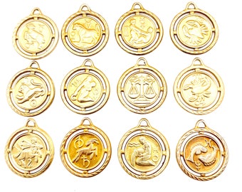 Vintage Brass Zodiac Charm Necklace, 1970s Horoscope Pendant