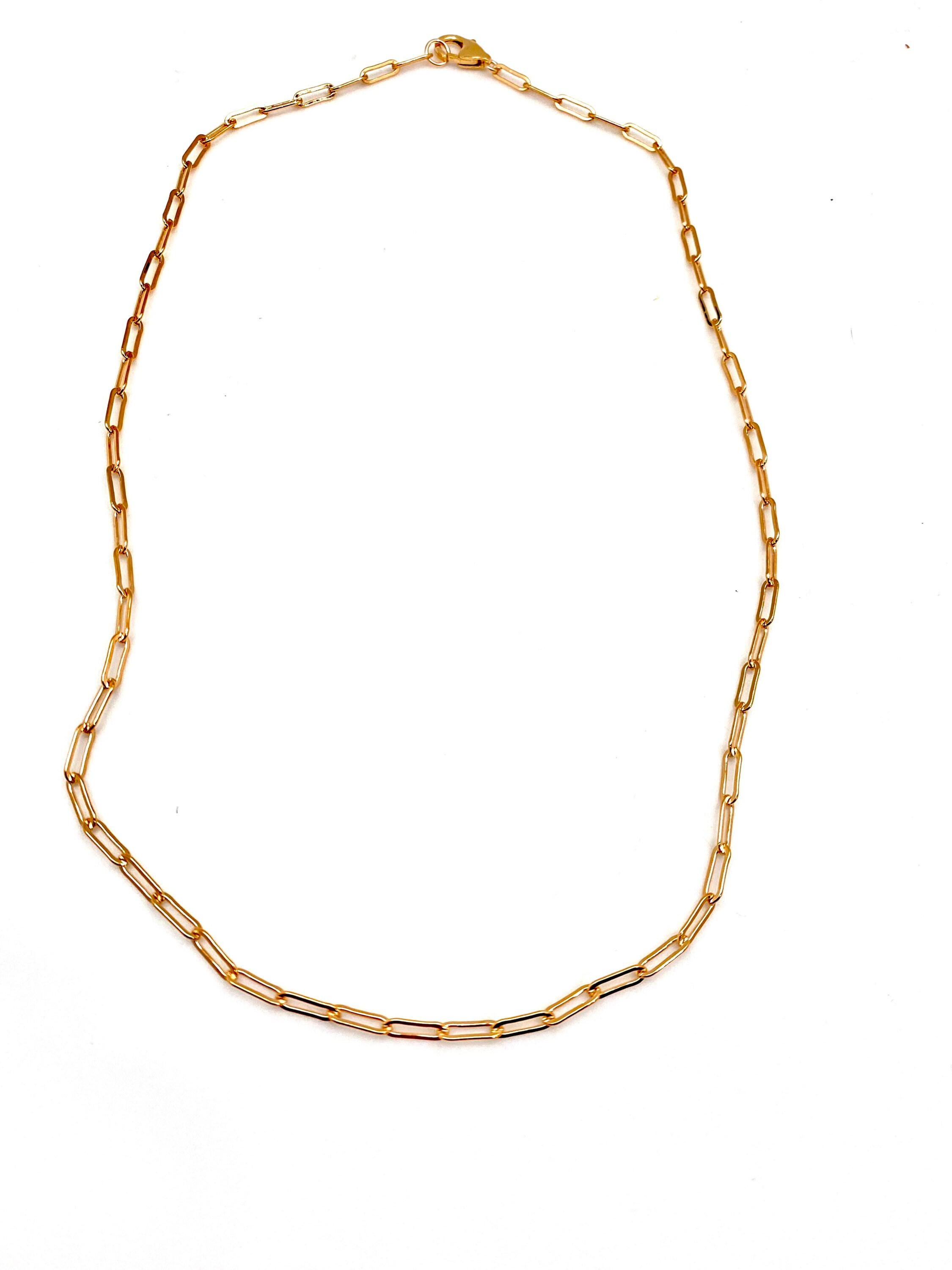 中重量のペーパークリップチェーン、14金張りの長方形チェーン、ボヘミアンジュエリー、14kゴールドチェーン、完璧な重ね付けチェーン、16インチ18