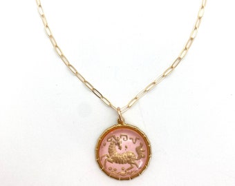 Pink vintage Aries charm boho horoscope glass astrological charm gold Aries ram medallion zodiac necklace 1970's Aries charm 3/21-4/19