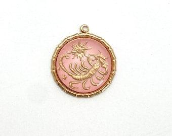 Vintage Pink Scorpio Charm Necklace: Gold Astrological Zodiac Medallion