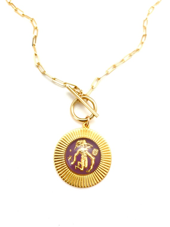 Vintage Aquarius Zodiac Necklace, Gold Filled Paperclip Chain