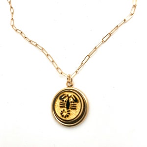 Amazing rare vintage glass and gold scorpio charm necklace, 14k gold filled paperclip chain, Made in Germany,  boho  astrology charm jewelry
