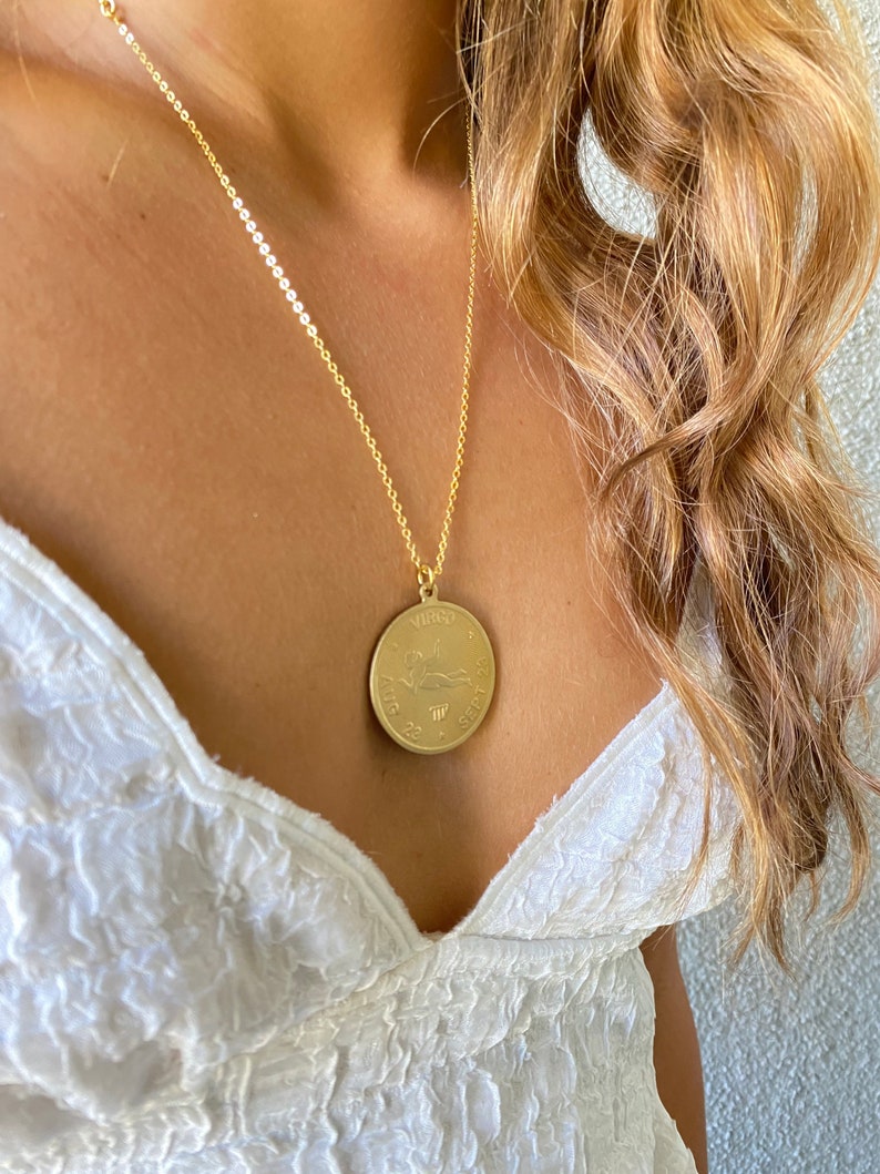 large vintage rare zodiac necklace, coin,medallion pendant, all 12 astrological signs, birthday gift zodiac, boho jewelry, horoscope, gold image 4