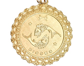 Vintage Pisces Zodiac Charm Necklace, Boho Brass Medallion