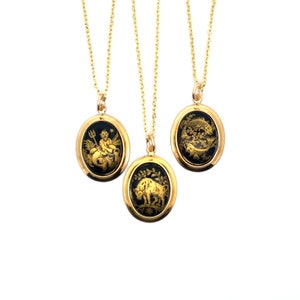 Rare Vintage small black & gold zodiac charm necklace, made in Germany 1970s, Rare vintage deadstock, unique vintage horoscope gift image 1