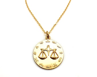 Vintage libra zodiac charm necklace,  boho medallion, coin libra,  brass gold libra scales pendant,  gold coin medallion horoscope jewelry