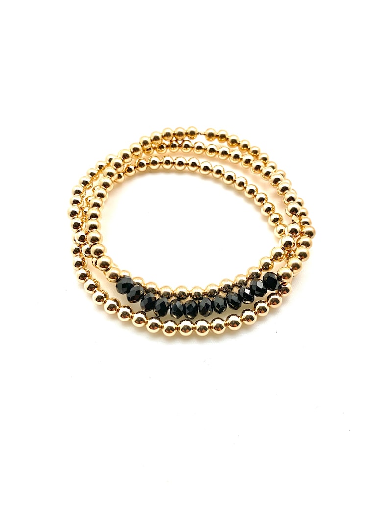 three 14 karat gold filled ball bracelet black stone bracelet stretch beads with gold and faceted spinel 4mm balls 14k gold ball trio