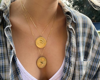 amazing coin rare zodiac necklace coin, medallion pendant, all 12  signs in stock, birthday gift zodiac, boho jewelry, horoscope, gold