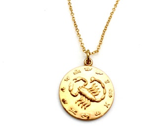 vintage scorpio charm necklace  vintage brass astrological charm  coin charm scorpio zodiac sign vintage horoscope jewelry birthday gift