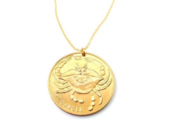 large vintage Cancer pendant, birthday gift, gold horoscope sign ,astrological, vintage boho coin, zodiac jewelry, 1970 Cancer crab charm