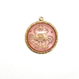 Pink vintage Cancer charm boho horoscope glass astrological charm gold Cancer crab medallion zodiac necklace 1970&#39;s Cancer charm 6/21-7/22